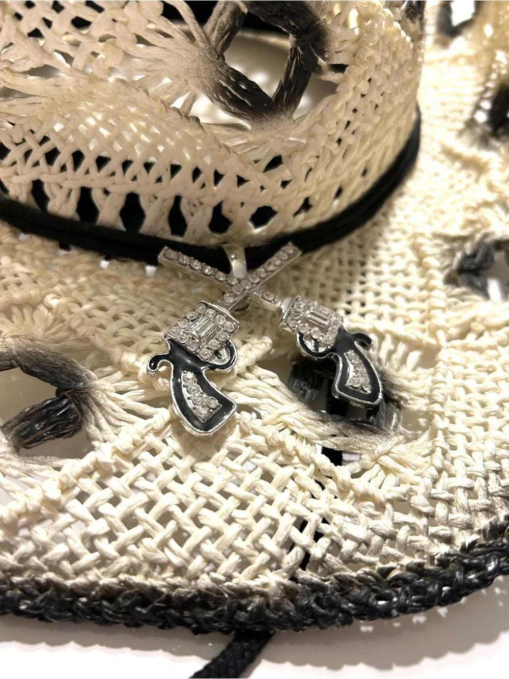 Handmade Straw Cowgirl Hat with Black Trim and Chin Cord